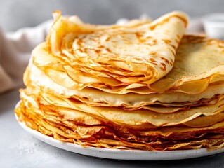Tall Stack of Golden Crepes or Pancakes on a White Plate
