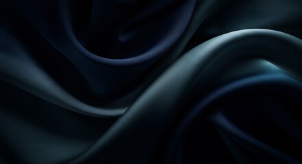 Abstract Flowing Silk Fabric in Deep Navy Blue, Metallic Silver, and Smoky Teal with Soft Directional Lighting for a Luxurious and Moody Aesthetic