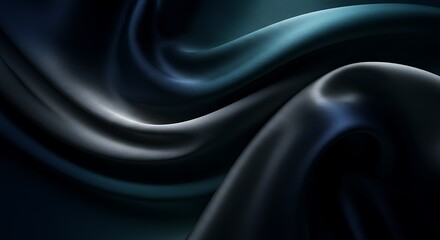 Abstract Flowing Silk Fabric in Deep Navy Blue, Metallic Silver, and Smoky Teal with Soft Directional Lighting for a Luxurious and Moody Aesthetic