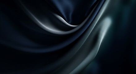 Abstract Flowing Silk Fabric in Deep Navy Blue, Metallic Silver, and Smoky Teal with Soft Directional Lighting for a Luxurious and Moody Aesthetic