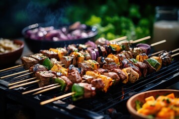 Bbq grill skewers background: delicious grilled meat and vegetables