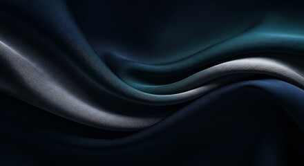 Abstract Flowing Silk Fabric in Deep Navy Blue, Metallic Silver, and Smoky Teal with Soft Directional Lighting for a Luxurious and Moody Aesthetic