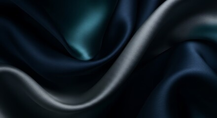 Abstract Flowing Silk Fabric in Deep Navy Blue, Metallic Silver, and Smoky Teal with Soft Directional Lighting for a Luxurious and Moody Aesthetic