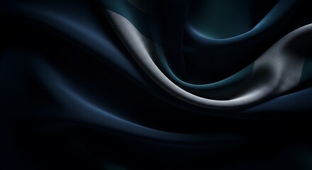 Abstract Flowing Silk Fabric in Deep Navy Blue, Metallic Silver, and Smoky Teal with Soft Directional Lighting for a Luxurious and Moody Aesthetic