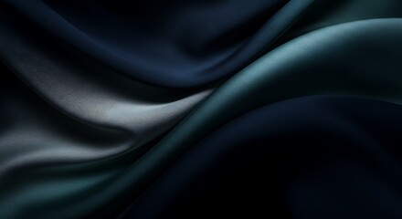 Abstract Flowing Silk Fabric in Deep Navy Blue, Metallic Silver, and Smoky Teal with Soft Directional Lighting for a Luxurious and Moody Aesthetic