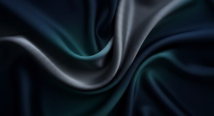 Abstract Flowing Silk Fabric in Deep Navy Blue, Metallic Silver, and Smoky Teal with Soft Directional Lighting for a Luxurious and Moody Aesthetic