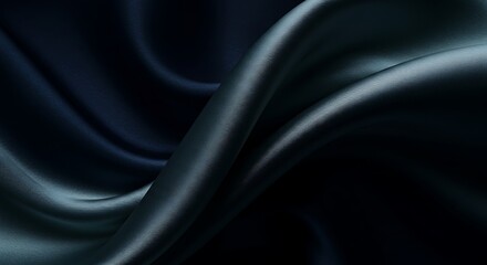 Abstract Flowing Silk Fabric in Deep Navy Blue, Metallic Silver, and Smoky Teal with Soft Directional Lighting for a Luxurious and Moody Aesthetic
