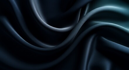 Abstract Flowing Silk Fabric in Deep Navy Blue, Metallic Silver, and Smoky Teal with Soft Directional Lighting for a Luxurious and Moody Aesthetic