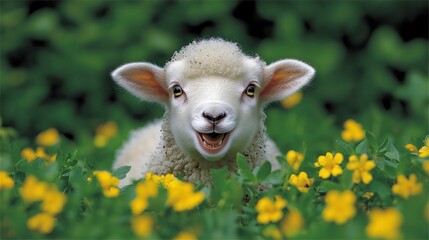Obraz premium Adorable, smiling lamb amongst vibrant yellow flowers and lush green foliage