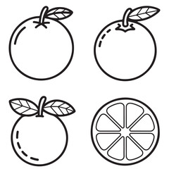 Orange Fruit Line Art Illustrations Set, Coloring Pages, Orange Fruit Icons Set Whole Oranges Slices and Black Silhouettes, Black and White Plum Fruit Icons Set Graphic