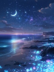 Obraz premium A serene night scene with a crescent moon and glowing rocks by the seaside