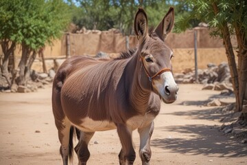 Obraz premium A lone donkey stands in a barren zoo enclosure, ears drooped , weary, habitat, wildlife