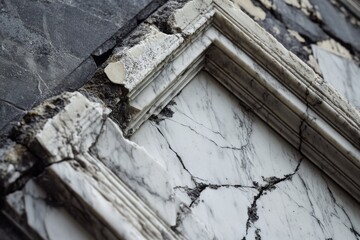 Aged and cracking marble frame showing signs of decay and wear from a once-perfect classical structure