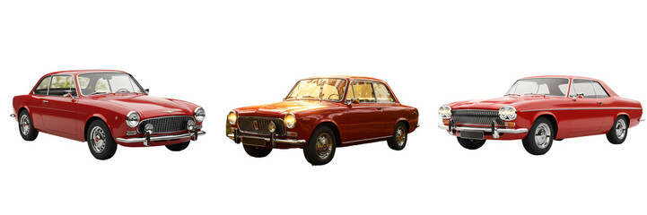 赤色クラシックカー三台並列