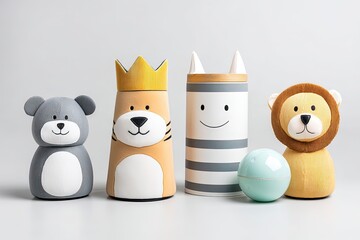 Obraz premium Animal Figurines and a Cosmetic Ball on a White Background
