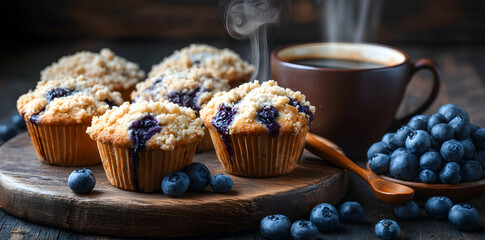 Blueberry Muffins and Coffee on a Rustic Wooden Table with Berries