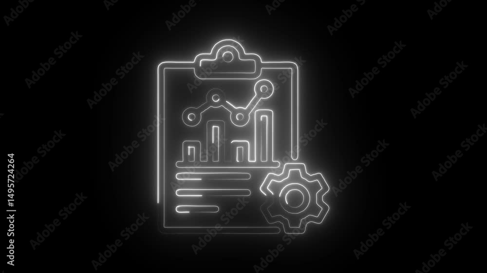 Aufkleber neon style business analytics report with graph chart and gear symbol on dark backdrop