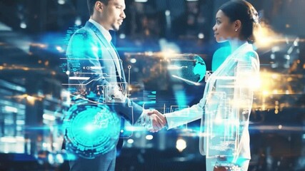 Global Partnership: Two diverse business professionals shake hands, a futuristic digital overlay symbolizing a global partnership and technological advancement. - Powered by Adobe