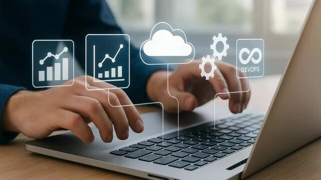 Hands typing on a laptop with digital icons representing data and technology.