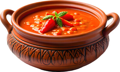 Traditional ajvar dish served in a rustic clay pot with fresh peppers and herbs