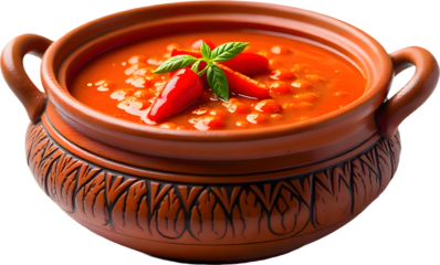 Traditional ajvar dish served in a rustic clay pot with fresh peppers and herbs