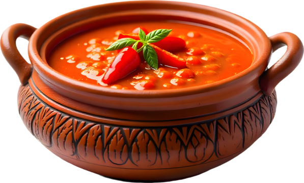 Traditional ajvar dish served in a rustic clay pot with fresh peppers and herbs