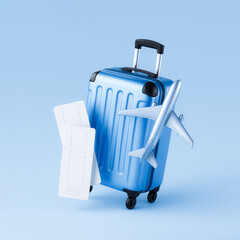 Obraz premium 3D Travel Suitcase with Airplane and Tickets – Vacation and Flight Concept