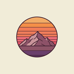 Sunset above mountains peak silhouette. Vintage styled mountain logo or sticker or poster template. Vector illustration