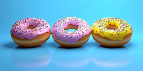 Colorful Donuts with Sprinkles A Sweet Treat on Blue Backdrop, baked goods , food photography