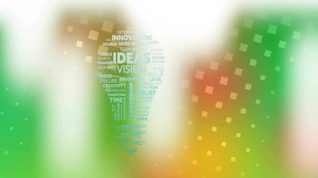 Mosaic squares shifting pulsing 3s mark starting words forming word cloud bulb showing ideas fading