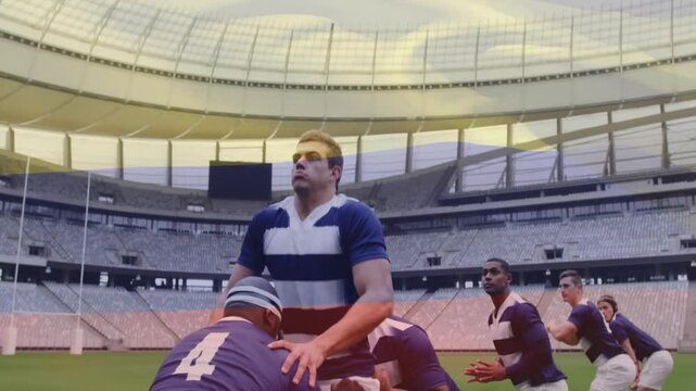 Male rugby players crouching on signal lifting jumper for lineout with animated path tracing pass