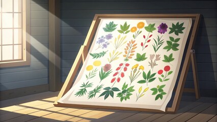 herb, wild herb, natural supplement. A display of various colorful flowers and plants is showcased on an easel in a sunlit room with wooden flooring and walls.