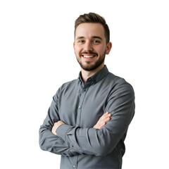 Handsome Smiling Young Businessman in a Gray Shirt Standing with Arms Crossed, PNG format