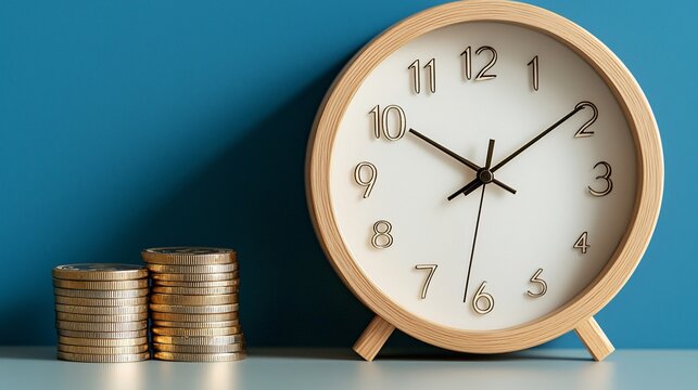 coin stack set next to a minimal wall clock, concept of time and money, clean Nordic design, smooth lighting across objects, realistic edges