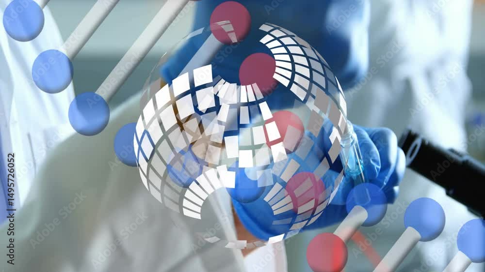 Poster scientist holding pipette tip with blue fluid as molecular model fading rotating depicting changes