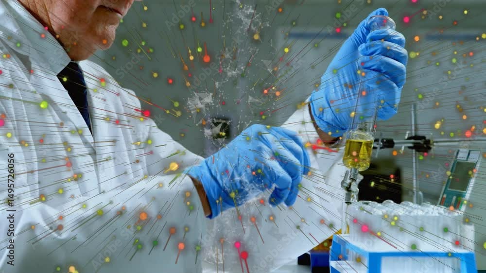 Poster scientist securing funnel dispensing solution into tubes for analysis while particles radiating lab