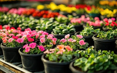 Rows of colorful potted flowers in bright greenhouse