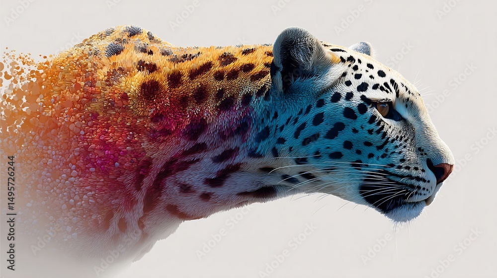 Poster vibrant portrayal of a leopard with a unique disintegration effect on its fur