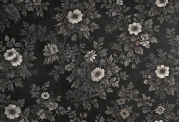 Obraz premium Elegant charcoal small floral wallpaper; vintage print with leafy accents , dark, interior