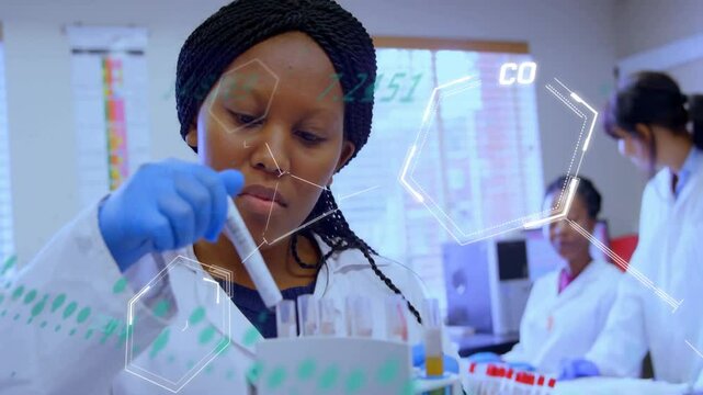 Science researcher reaching into test tube rack selecting sample inspecting with animated molecules