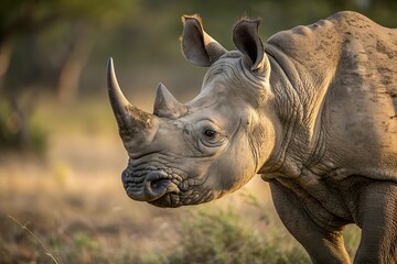 Fototapeta premium Rhinoceros in Natural Light. Close-up of a rhinoceros in a blurred natural setting, highlighting its textured skin and horns under soft golden light