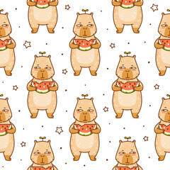 Seamless pattern cute сartoon capybara with watermelon on white - funny animal background for Your happy summer design