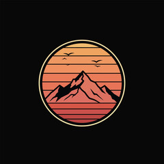 Sunset above mountains peak silhouette. Vintage styled mountain logo or sticker or poster template. Vector illustration
