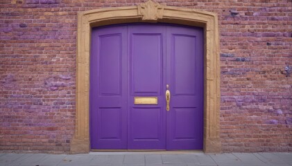 A regal purple door, gold handle, brick wall backdrop , doorway, home, background