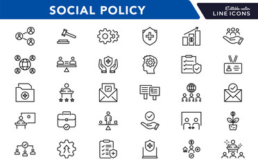 Social policy line icon set. social network, Insurance, public service education, reform, services, welfare, health care, legislation, society, community, Inclusion outline vector thin icon pack