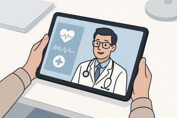 Illustrated telehealth consultation with doctor on tablet screen