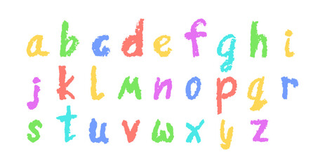 Colorful English alphabet hand-drawn in a crayon. Lowercase color letters in chalk, pastel, or wax style. Highlighter effect on white board for kindergarten drawing and learning. Vector illustration