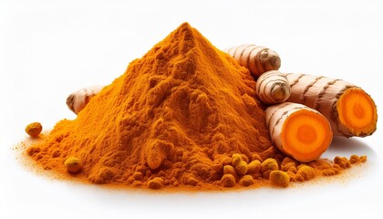 turmeric powder with turmeric root isolated on white