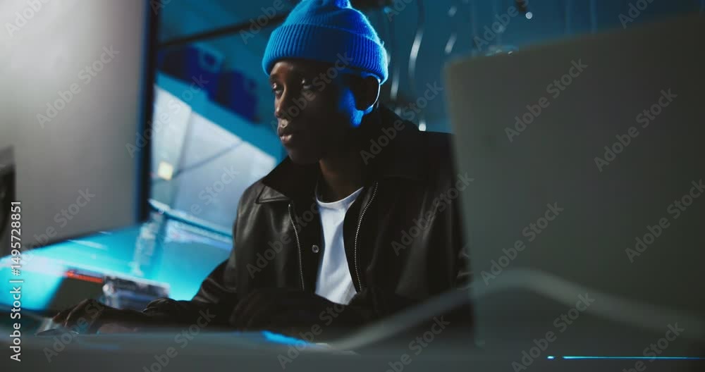 Poster Computer, night and man in office for coding, programming, software update and cybersecurity. Professional, working late and person on pc for malware development, hacking and online AI system