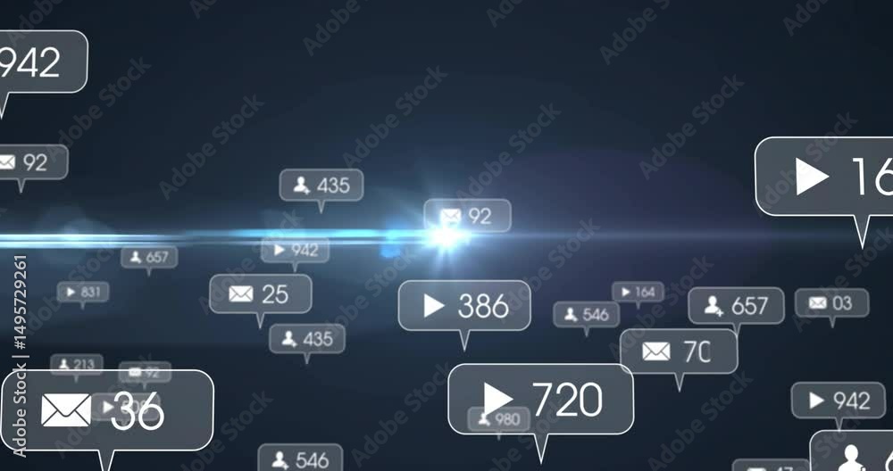 Poster on sequence starting showing social-media bubbles floating and pulsing over beam for data analysis